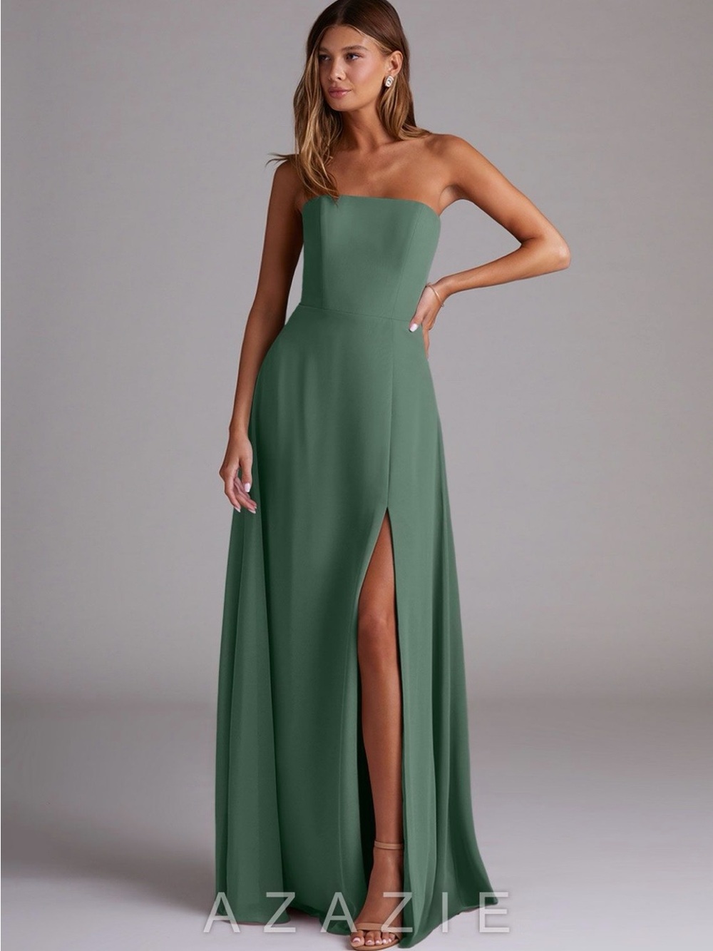 Azazie Wren Strapless Maxi Dress in Eucalyptus